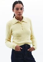 Women Yellow Polo Neck HemstitchedSweater