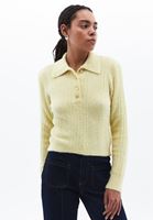 Women Yellow Polo Neck HemstitchedSweater