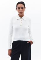 Women Cream Polo Neck HemstitchedSweater