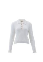 Women Cream Polo Neck HemstitchedSweater