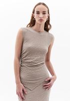 Women Beige Crew Neck Top with Asymmetrical Cut