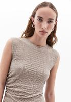 Women Beige Crew Neck Top with Asymmetrical Cut