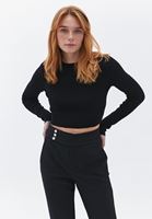 Women Black Crew Neck Crop Knitwear