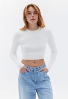 Women Cream Crew Neck Crop Knitwear