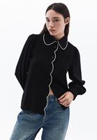 Women Black Embroidered Shirt with Puff Sleeves