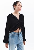 Women Black Oversize Blouse with Gathering Detail