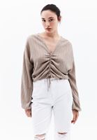 Women Beige Oversize Blouse with Gathering Detail