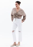 Women Beige Oversize Blouse with Gathering Detail