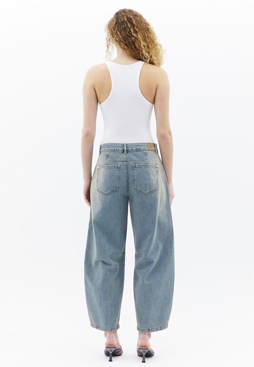 Blue Mid Rise Barrel Fit Denim Pants Online Shopping | OXXOSHOP