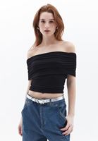 Bayan Siyah Kayık Yaka Crop Top