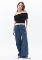 Bayan Siyah Kayık Yaka Crop Top