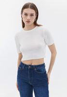 Women Cream Crew Neck Crop Sweater