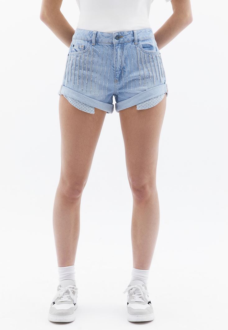 Women Blue Mid Rise Denim Shorts