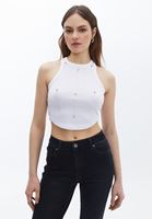 Women White Rhinestone detailed crop singlet