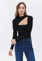 Women Black High Neck Tshirt with Long Sleeves