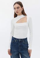 Women Cream High Neck Tshirt with Long Sleeves