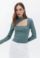 Women Green High Neck Tshirt with Long Sleeves