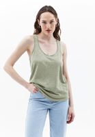 Women Green Linen Blended Scope Neck Singlet