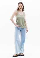 Women Green Linen Blended Scope Neck Singlet