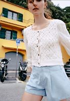 Women Cream Hemstitched Cardigan with Buttons