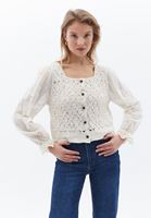 Women Cream Hemstitched Cardigan with Buttons