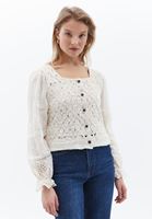 Women Cream Hemstitched Cardigan with Buttons