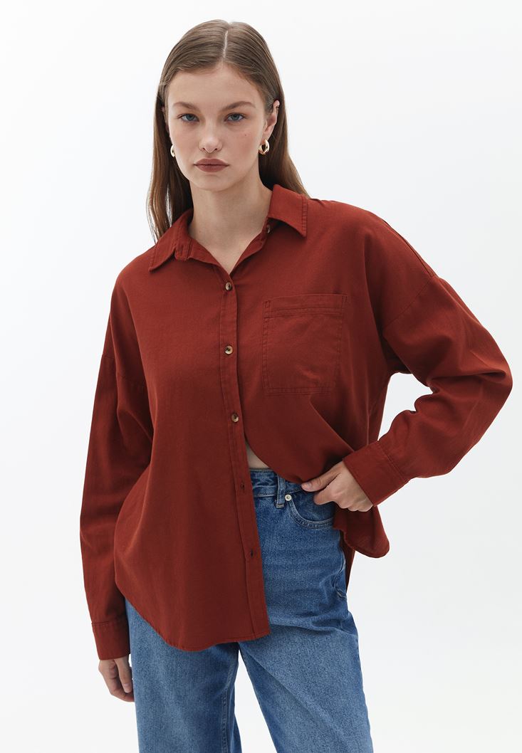Women Brown Oversize Shirt with Pocket