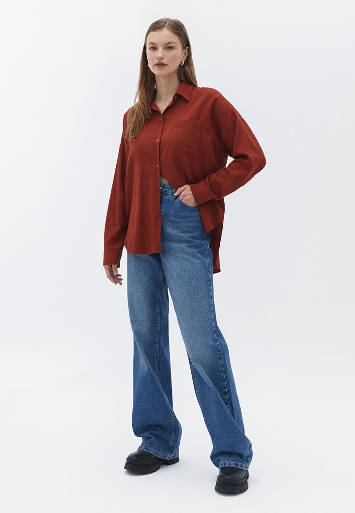 Women Brown Oversize Shirt with Pocket