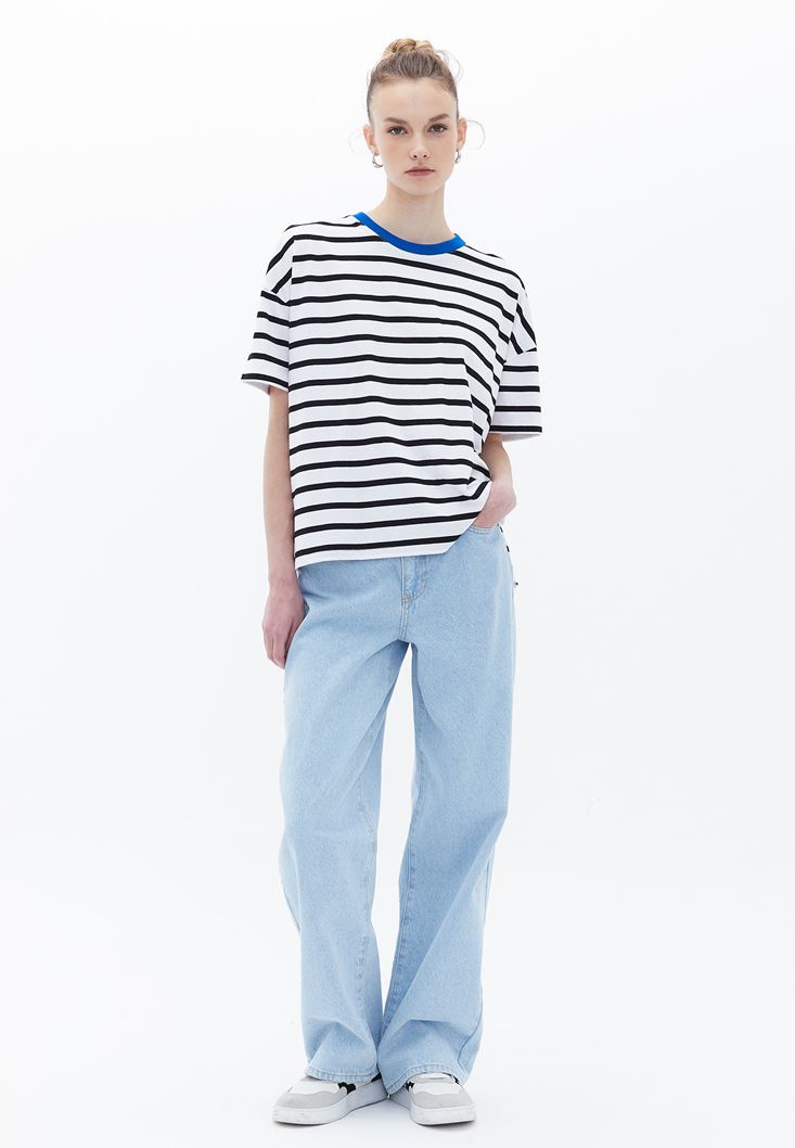 Women White/Black Cotton Blended Oversize Tshirt