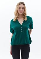 Women Green Cotton Blended Tshirt with Button Detail