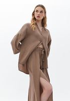 Bayan Kahverengi Yırtmaç Detaylı Wide-Leg Pantolon