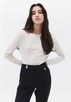 Women Beige Boat Neck Tshirt with Long Sleeves