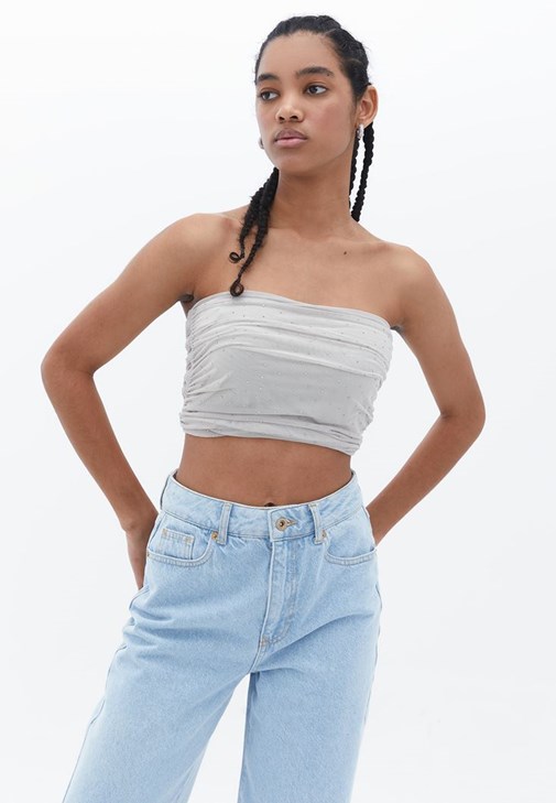 Taşlı Crop Top ve Pantolon Kombini