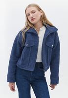 Women Navy Crop Jacket with Zipper Closure