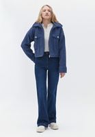 Women Navy Crop Jacket with Zipper Closure