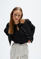 Women Black Crop Jacket with Button Detail