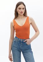 Women Orange Bodysuit With V-Neck