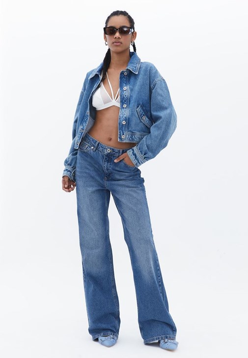 Crop Denim Ceket ve Denim Pantolon Kombini