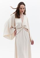 Women Beige V-Neck Maxi Satin Dress