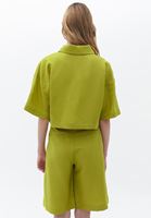 Women Green Linen Blended Crop Shirt