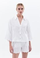 Women White Linen Blended Embroidered Shirt