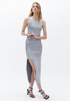 Women Silver High Rise Maxi Skirt