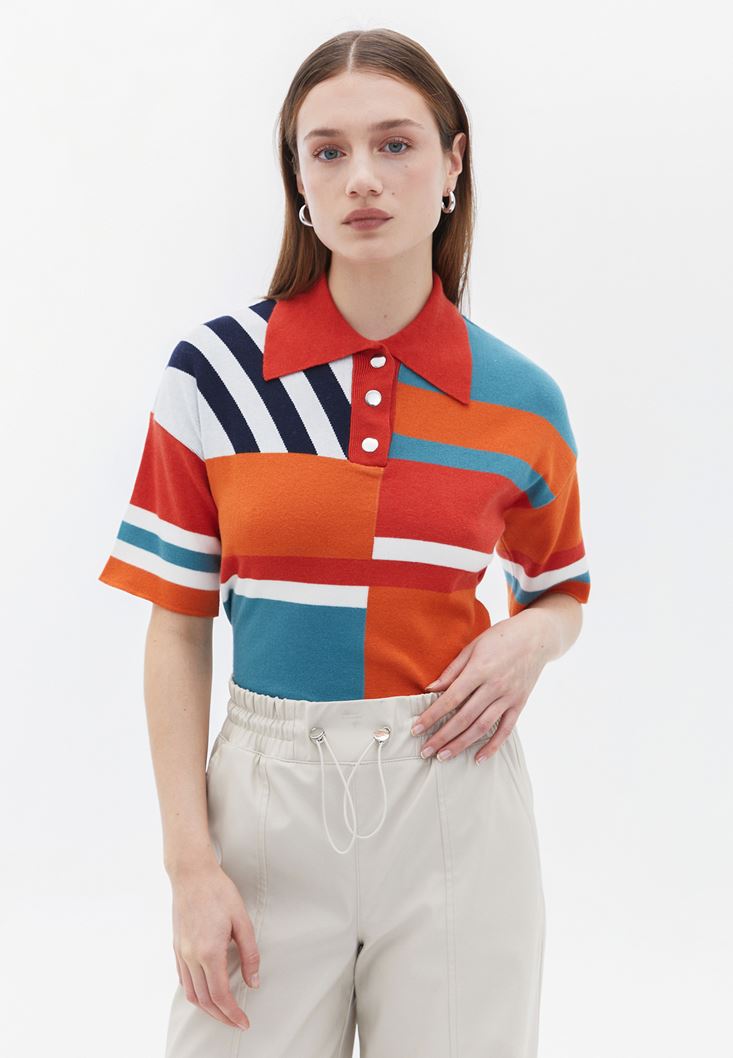 Women Mixed Polo Neck Sweater