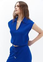 Women Blue Polo Neck Crop Tshirt