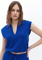 Women Blue Polo Neck Crop Tshirt