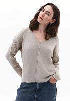 Women Beige V-Neck Knit Sweater
