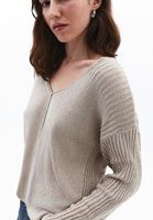 Women Beige V-Neck Knit Sweater
