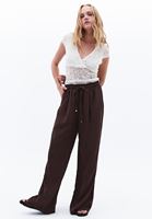 Bayan Kahverengi Keten Karışımlı Wide-Leg Pantolon