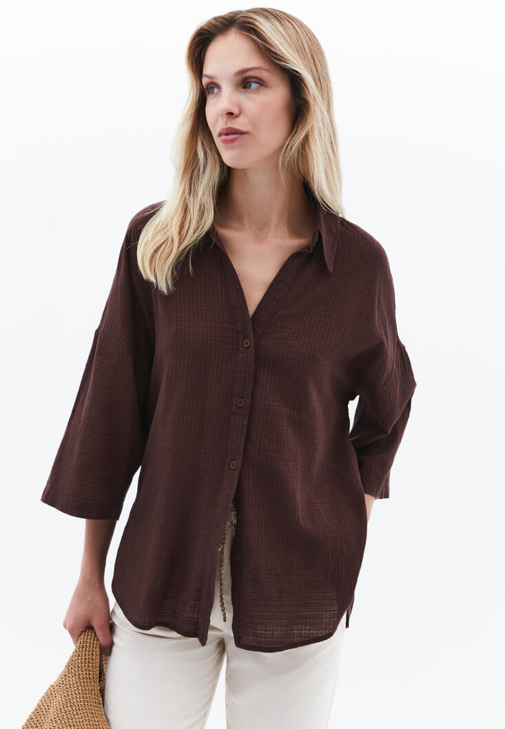 Women Brown Linen Blend Oversized Shirt