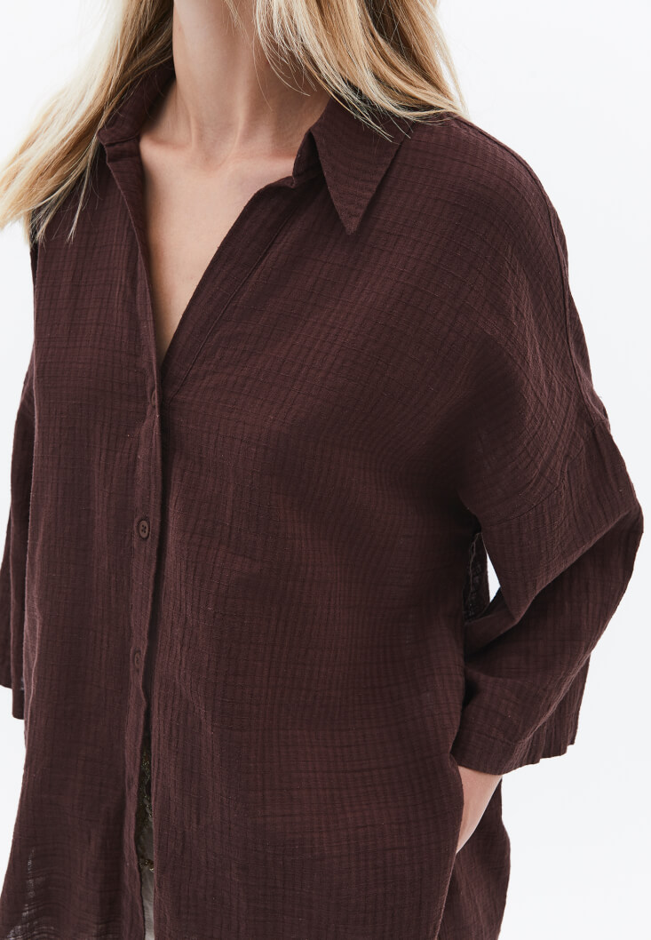 Women Brown Linen Blend Oversized Shirt